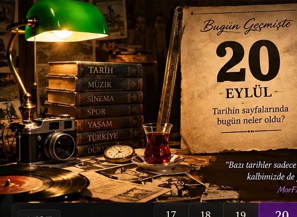 20 Eylül temalı tarih masası, kitaplar, eski fotoğraf makinesi ve takvim