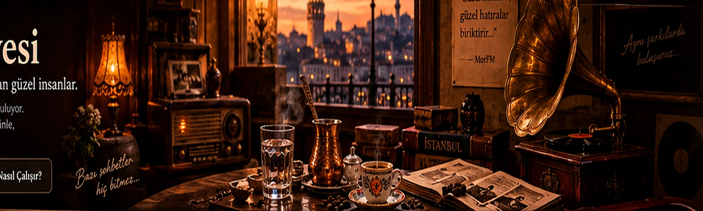 İstanbul manzarası, eski radyo, Türk kahvesi ve gramofonla Nostalji Kahvesi artwork